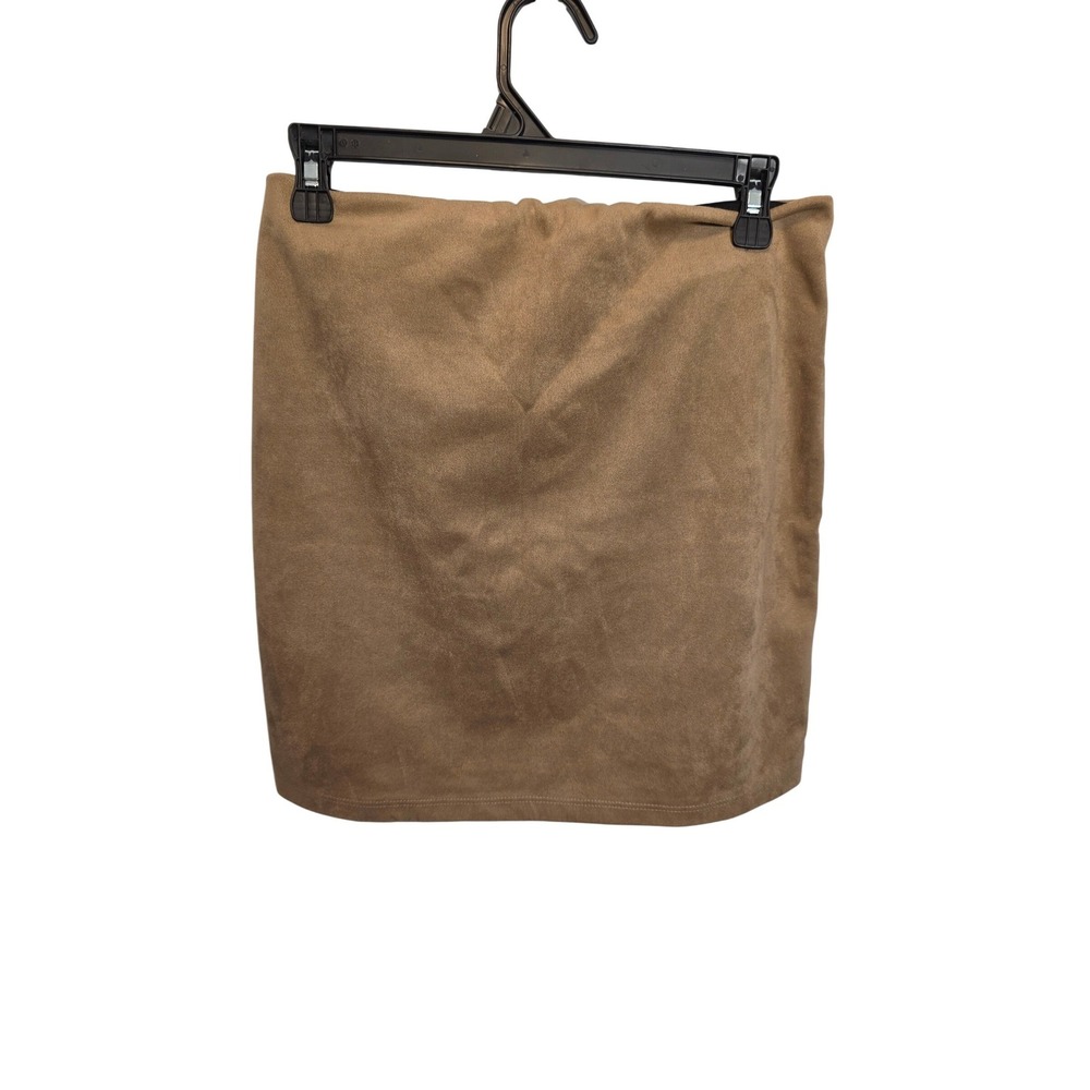 Danbee Tan Faux Suede Mini Skirt Elastic Waist Front Button Camel Brown Womens
